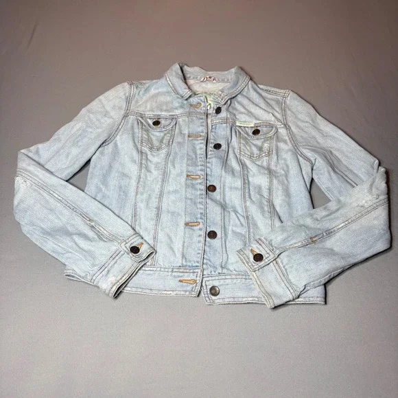 Vintage Y2K Hollister Light Wash Distressed Denim Jacket Girls Large Cotton Blue - Picture 1 of 4